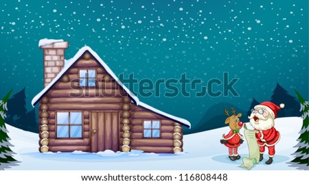 illustration of a santa claus and a reindeer in a beautiful nature