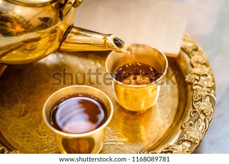 Thai dessert with hot tea,Tea composition, tea set, picture style vintage.