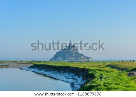 View of Mont Saint Michel, Normandy, France. Copy space for text                                 