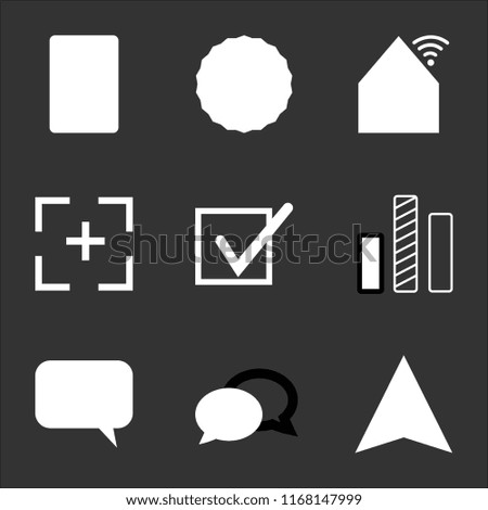 9 simple transparent vector icon pack, set of black icons such as Compass, Speech bubble, Bar chart, Tick, Focus, House, Check, Tablet