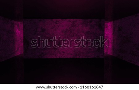 background of an empty dark room with concrete walls and floor, neon lights and glow.