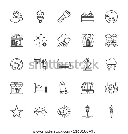 Collection of 25 night outline icons include icons such as air cleaning, air conditioning, double bed, pillow, eclipse, moon, observatory, stars, star, bar, bed, raining