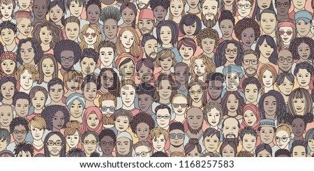 Diverse crowd of people - seamless banner of 100 different hand drawn faces of various ethnicities