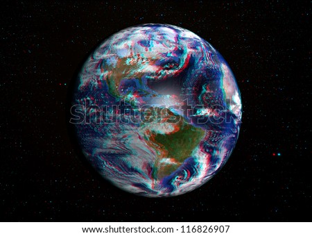 The Earth in space in 3D with stars in the background. View anaglyph with red/cyan glasses. America shown in this extremely detailed image. Elements of this image furnished by NASA