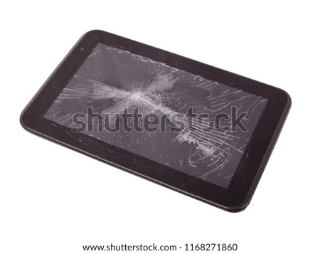 Tablet pc with broken screen.  Cracked tablet - glasbruch, isolated. 