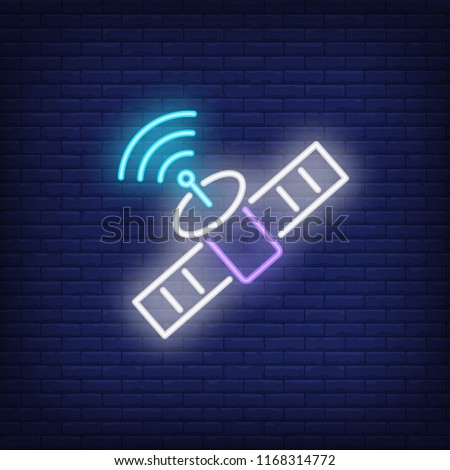 Satellite and signal symbol neon sign. Wifi, communication, technology concept. Advertisement design. Night bright neon sign, colorful billboard, light banner. Vector illustration in neon style.