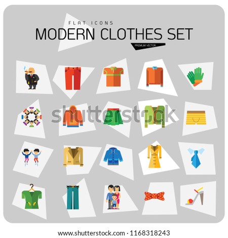 Modern Clothes Icon Set. T-shirt Jeans Bow Tie Hoody Sweatshirt Trousers Pleated Skirt Orange Sweater Coat Beige Jacket Polo Shirt Blue Raincoat Green Jacket Clothes On Hanger