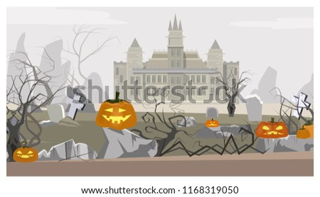 Landscape with castle, cemetery and pumpkins vector illustration. Mystery background. Halloween concept. For websites, wallpapers, banners or posters