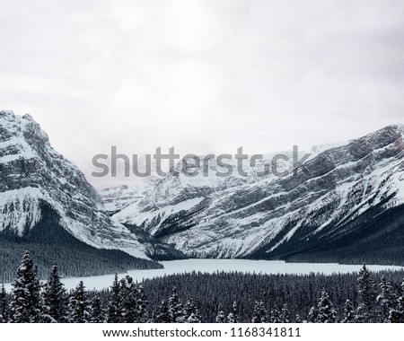 Ice Field Parkway drive in Alberta, Canada. Winter landscape of frozen lake surrounded by mountains on a cloudy day. 