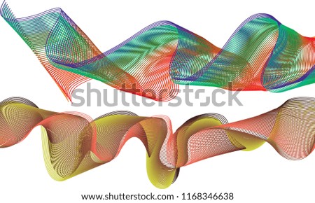 A pair of double-layered ribbon waves with the top ribbon in a bold and breezy design with blue, red and green lines and the bottom ribbon in a rolling flow brown, gold and persimmon orange hues.