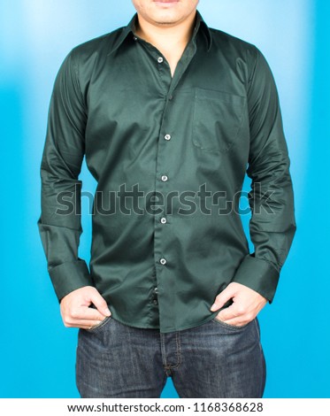 T-shirt design, Model of Men's shirts set, People concept, Closeup of young man in dark green shirt and jeans and wristwatch. Mockup template for design print. Business suit, casual or formal tshirt