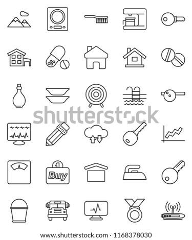 thin line vector icon set - fetlock vector, bucket, iron, oil, plates, pencil, school bus, graph, scales, target, medal, pills, pool, dry cargo, eye doctor hat, diagnostic monitor, cloud exchange