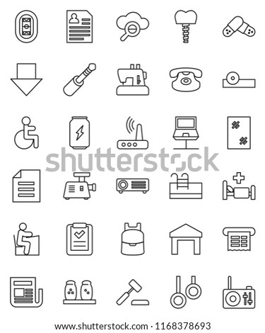 thin line vector icon set - window cleaning vector, spices, student, backpack, document, arrow down, personal information, enegry drink, gymnast rings, stadium, warehouse, newspaper, classic phone