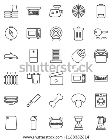 thin line vector icon set - trash bin vector, drying clothes, cleaning agent, plates, knife, cutting board, microwave oven, mushroom, compass, sand clock, snickers, target, bone, cinema clap, rca