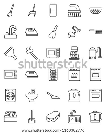 thin line vector icon set - scraper vector, broom, vacuum cleaner, fetlock, scoop, sponge, iron, washer, sink, water tap, colander, grater, microwave oven, fridge, dishwasher, kettle