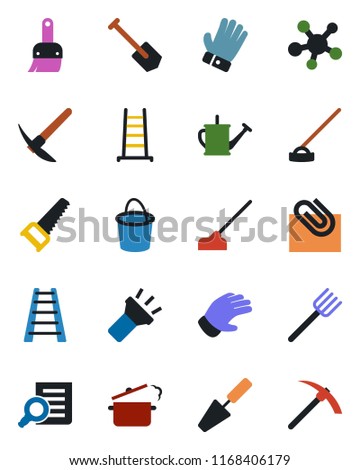 Color and black flat icon set - document search vector, job, trowel, farm fork, ladder, watering can, bucket, glove, saw, hoe, share, themes, torch, paper clip, steaming pan, hard work