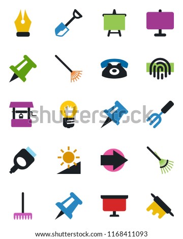 Color and black flat icon set - right arrow vector, presentation board, drawing pin, bulb, garden fork, shovel, rake, well, hdmi, brightness, fingerprint id, ink pen, phone, rolling
