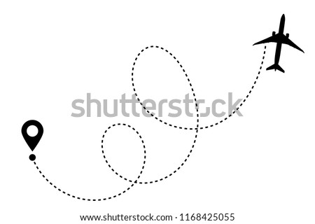 Airplane line path vector icon of air plane flight route with start point and dash line trace. Aircraft clip art icon with route path track in black and white. Airplane minimal vector illustration.