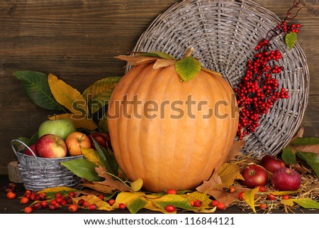 Excellent autumn still life with pumpkin on wooden table on wooden background