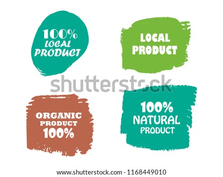 Organic, 100% bio, eco, natural product, vegan food, natural farming, vegetarian labels. Vector collection of paint brush strokes isolated on white background. Hand drawn abstract design elements set.