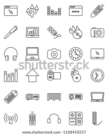 thin line vector icon set - pen vector, laptop graph, arrow up, clock, barcode, music hit, camera, equalizer, remote control, headphones, notebook pc, browser, route, wireless, calculator, video