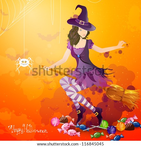 Vector Illustration of a Halloween Background with Witch