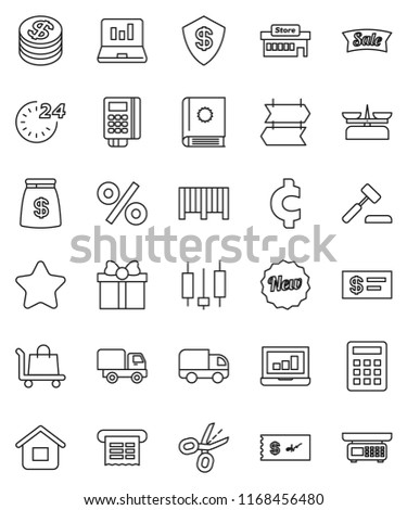 thin line vector icon set - japanese candle vector, laptop graph, cent sign, gift, dollar coin, star, money bag, sale, new, 24 hour, percent, mall, barcode, card reader, receipt, home, calculator