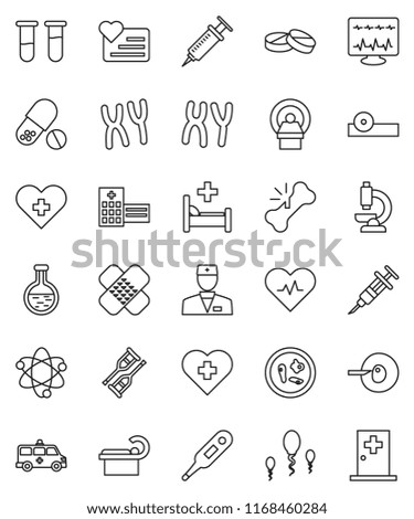 thin line vector icon set - atom vector, pills, heart monitor, cross, pulse, doctor, thermometer, flask, vial, insemination, syringe, crutches, broken bone, patch, eye hat, microscope, microbs