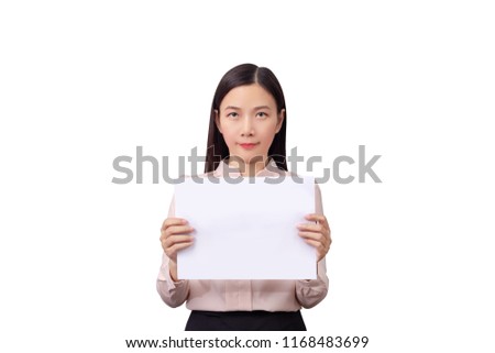asian businesswoman holding blank white placard board paper sign with empty copy space isolated on white background with clipping path
