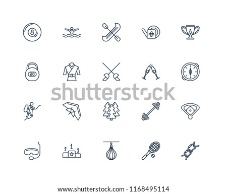Set Of 20 linear icons such as Climb, Tennis racket, Punching bag, Pedestal, Snorkel, Cup, Hang out, Forest, Mountaineering, Martial art, Canoe, editable stroke vector icon pack