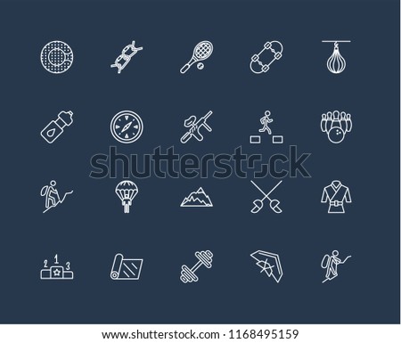 Set Of black 20 linear icons such as Mountaineering, Bowling, Punching bag, Skateboard, Pedestal, Climb, Fencing, Water bottle, editable stroke vector icon pack