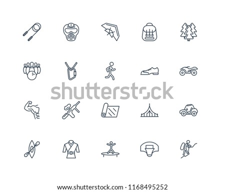 Set Of 20 linear icons such as Mountaineering, Basketball, Jumping, Martial art, Kayak, Forest, Shoes, Yoga mat, Gym, Climbing, Hang glider, editable stroke vector icon pack