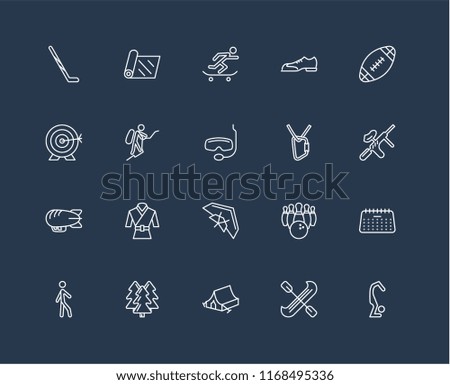 Set Of 20 black linear icons such as Yoga, Canoe, Camping tent, Forest, Walking, Rugby ball, Climbing, Hang glider, Airship, Mountaineering, Skateboarding, editable stroke vector icon pack
