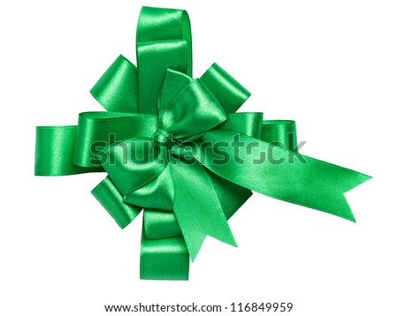 Festive green bow made of ribbon isolated on white