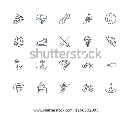Set Of 20 linear icons such as Golf, Hang glider, Basketball, Table tennis, Heart rate, Bmx, Forest, editable stroke vector icon pack