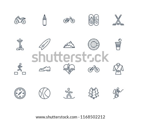 Set Of 20 linear icons such as Mountaineering, Forest, Snowboarding, Basketball, Compass, Hockey, Zorbing, Heart rate, Parkour, Surfboard, Biking, editable stroke vector icon pack