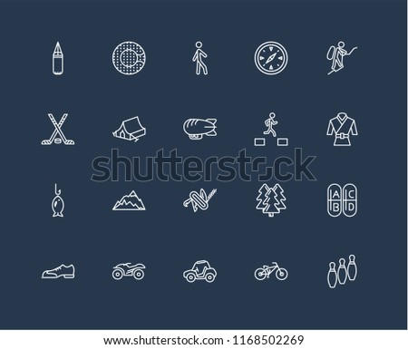 Set Of 20 black linear icons such as Bowling, Biking, Buggy, Quad, Shoes, Mountaineering, Parkour, Multitool, Fishing, Camping tent, Walking, editable stroke vector icon pack