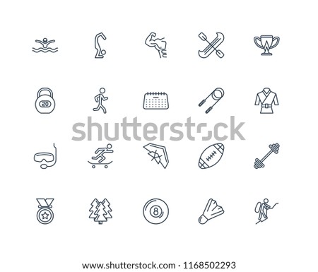 Set Of 20 linear icons such as Mountaineering, Badminton, Billiard, Forest, Medal, Cup, Jump rope, Hang glider, Snorkel, Jogging, Gym, editable stroke vector icon pack