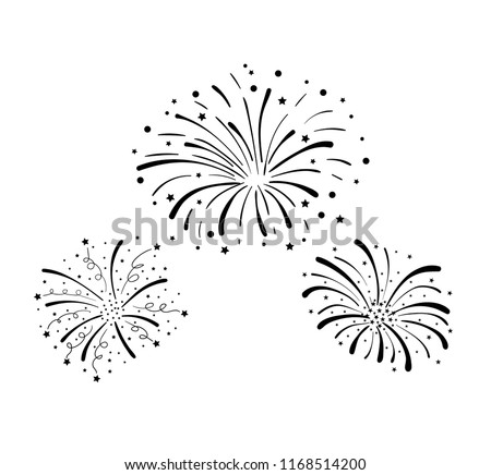 Vector Hand Drawn Doodle Fireworks, Celebration Background, Black Design Elements Isolated on White Background.