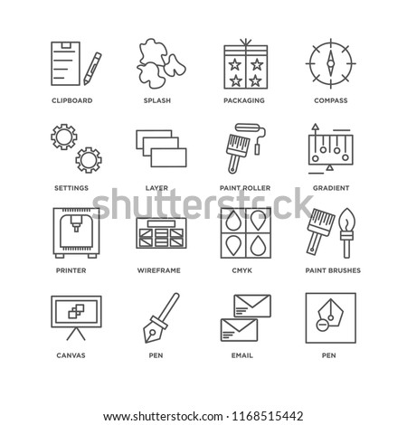 Set Of 16 simple line icons such as Pen, Email, Canvas, Paint brushes, Clipboard, Settings, Printer, roller, editable stroke icon pack, pixel perfect
