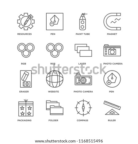 Set Of 16 simple line icons such as Ruler, Compass, Folder, Packaging, Pen, Resources, Rgb, Eraser, Layer, editable stroke icon pack, pixel perfect