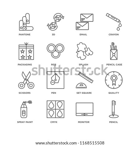 Set Of 16 simple line icons such as Pencil, Monitor, Cmyk, Spray paint, Quality, Pantone, Packaging, Scissors, Splash, editable stroke icon pack, pixel perfect