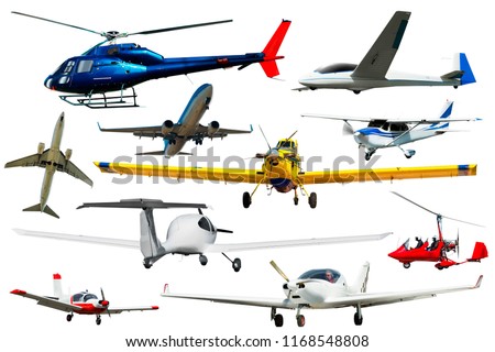 Passenger airplanes, gliders, gyroplanes, sports light aircraft  isolated on white background