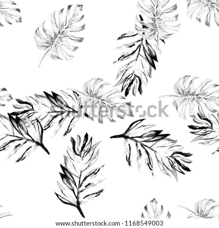 Seamless watercolor tropical monstera pattern. Hand painted watercolor illustration monster. Tropical seamless botanical watercolor exotic floral pattern. Palm leaves. Black and white rainforest leaf.