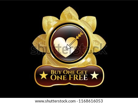  Golden emblem or badge with love icon and Buy one get One Free text inside