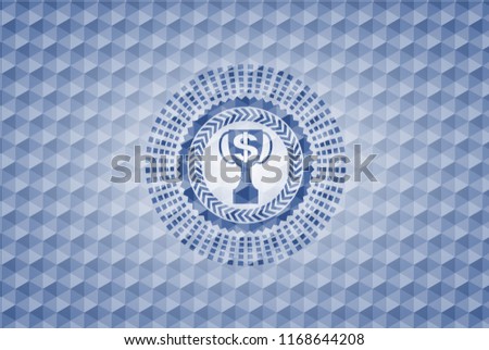trophy with money symbol inside icon inside blue badge with geometric pattern.