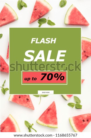 top view of watermelon slices and mint leaves isolated on white with flash sale sign