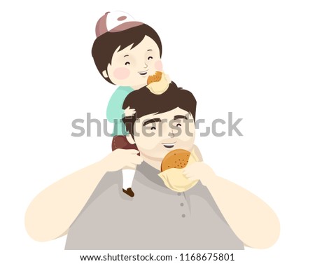 Illustration of a Kid Boy Sitting On The Shoulder Of His Father Eating a Hamburger