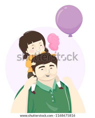 Illustration of a Kid Girl On His Fathers Shoulder with Cotton Candy and Balloon in the Amusement Park