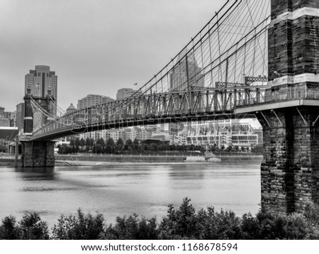 A view of Cinncinati and John A. Roebling Suspension Bridge from Covington, Ohio, USA